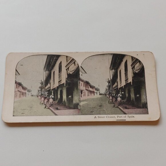 Antique Stereograph Card A Street Cleaner, Port of Spain - Picture 1 of 3
